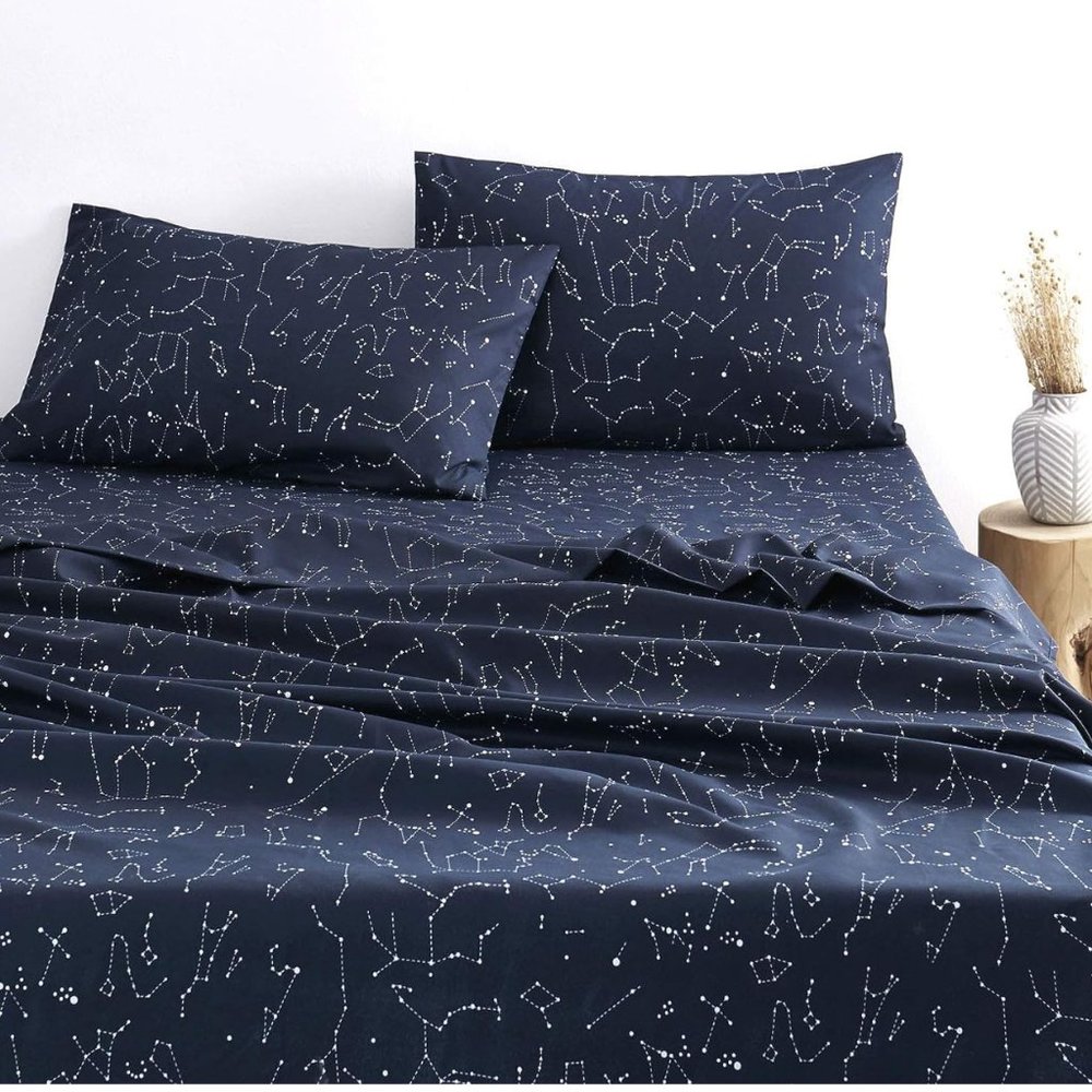 Wake In Cloud - Constellation Sheet Set, Navy Blue with White SpaceStar Pattern
